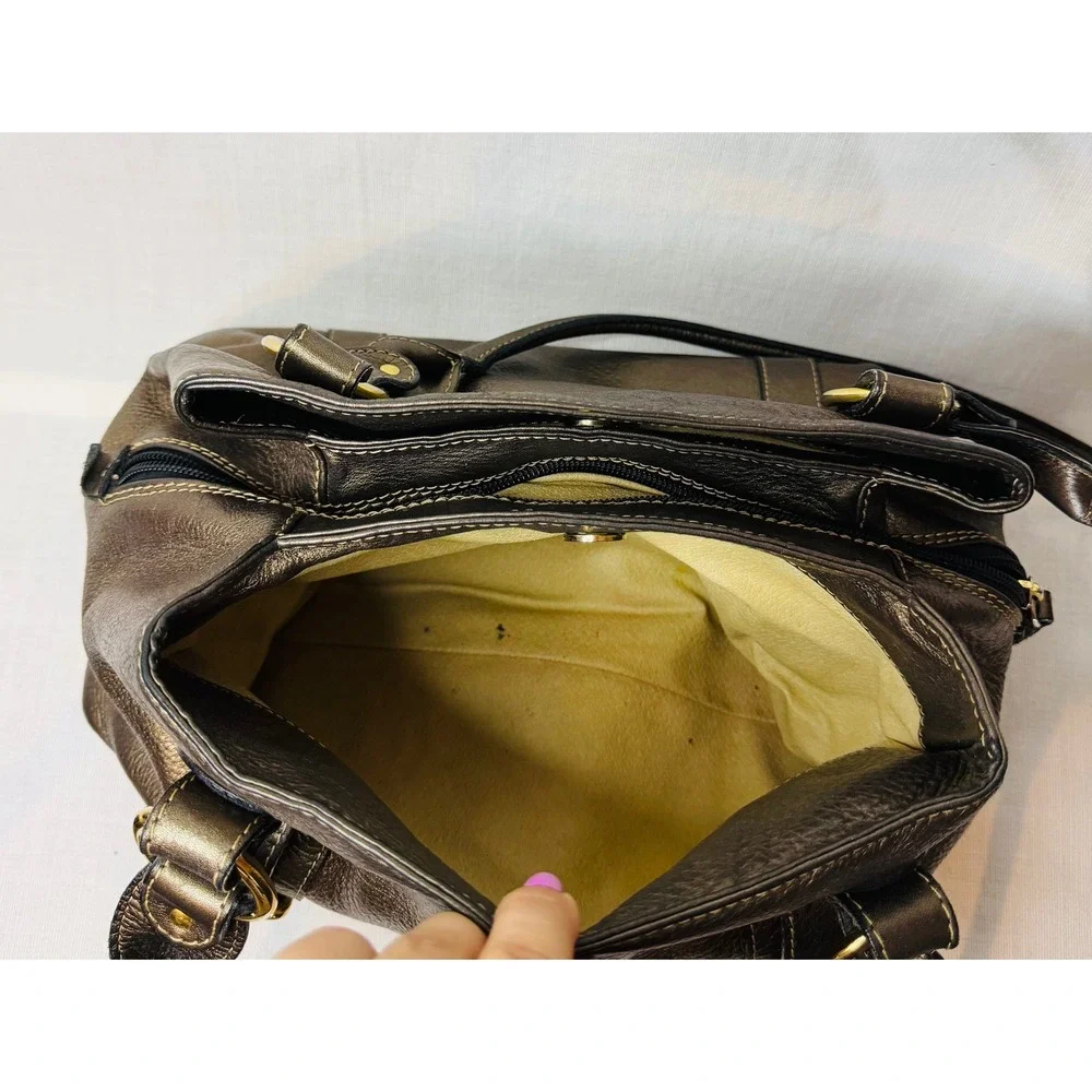 Metallic Bronze Pebbled Leather Shoulder Bag Satchel Gold Hardware Triple Pocket